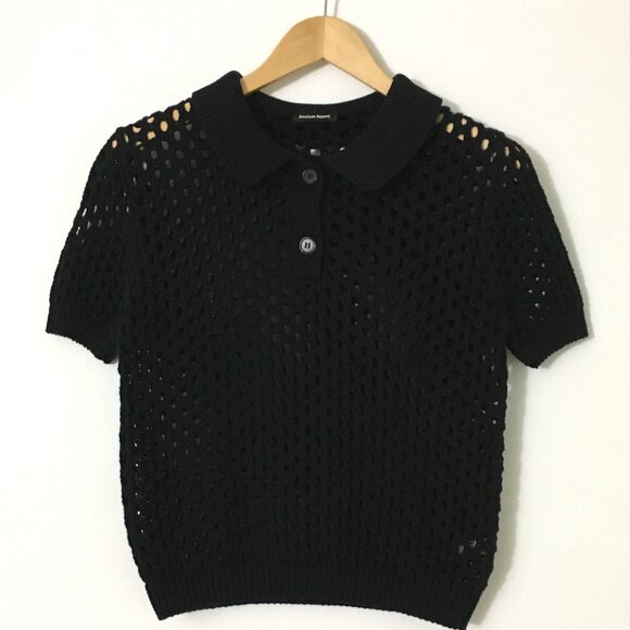 American Apparel Open Weave Knit Crop Tennis Shirt Sweater Top Black - M - Picture 2 of 7